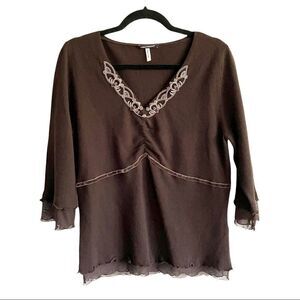 LUISA CERANO Wool Cashmere V-Neck Embroidered Embellished Sweater Brown 12